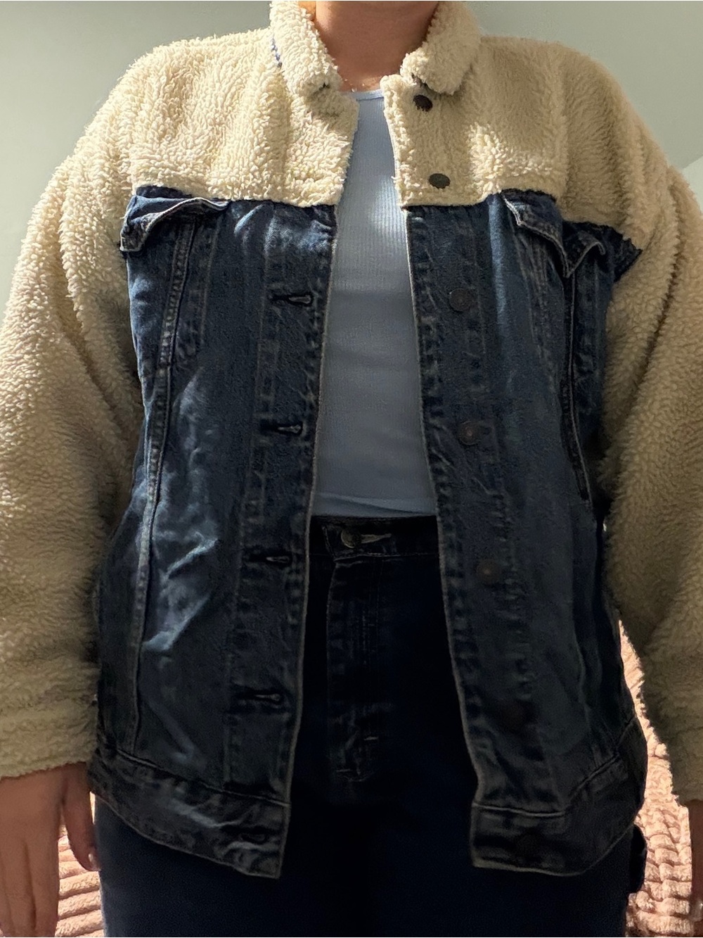 American Eagle Outfitters Cream Sherpa & Dark Blue Denim Jacket